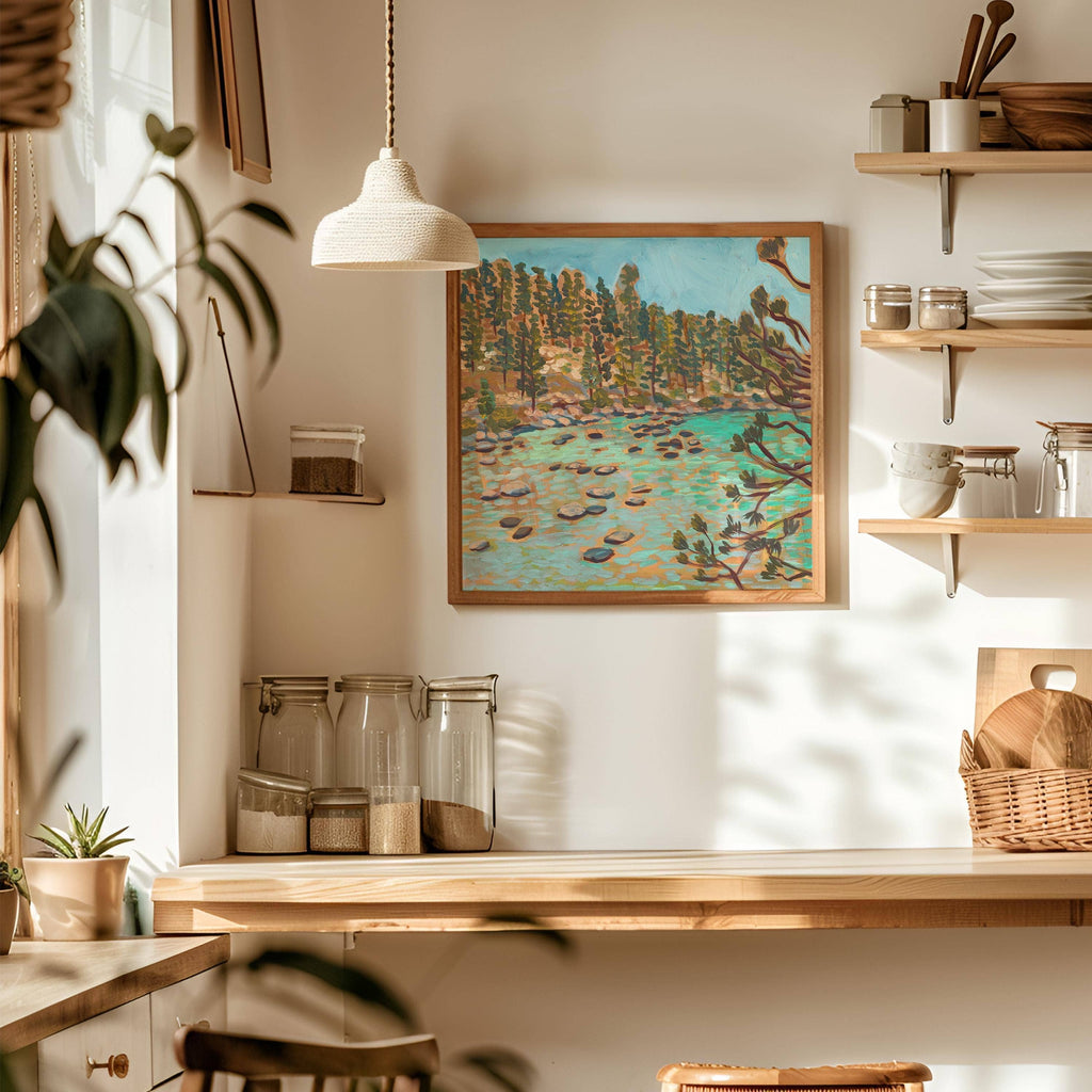 Lake Tahoe art print by El Baker Art, 14x14 poster featuring a scenic landscape of Lake Tahoe in vibrant colors.