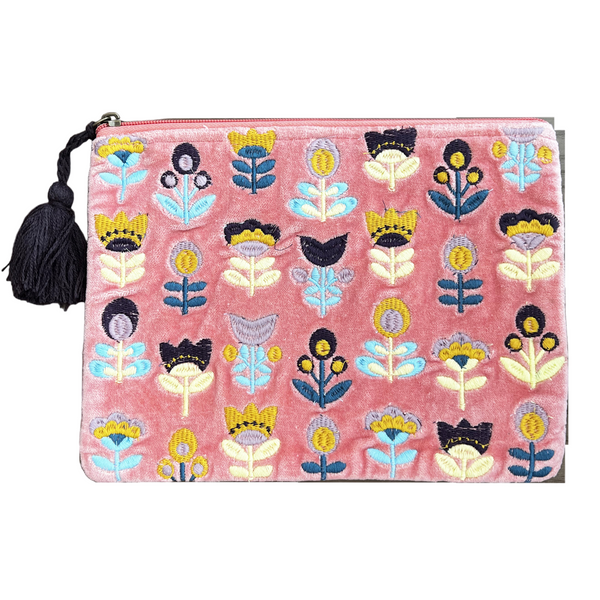 Tulips on Pink Velvet Embroidered Cotton Pouch - Freshie & Zero Studio Shop