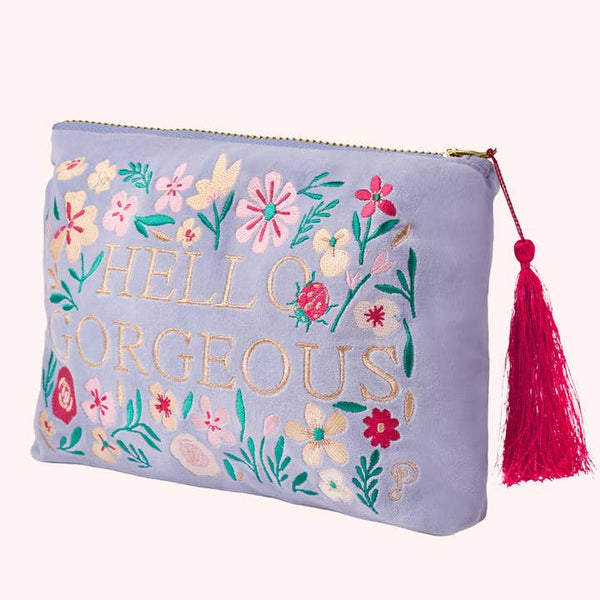 Velvet Embroidered Zip Pouch - Hello Gorgeous - Freshie & Zero Studio Shop