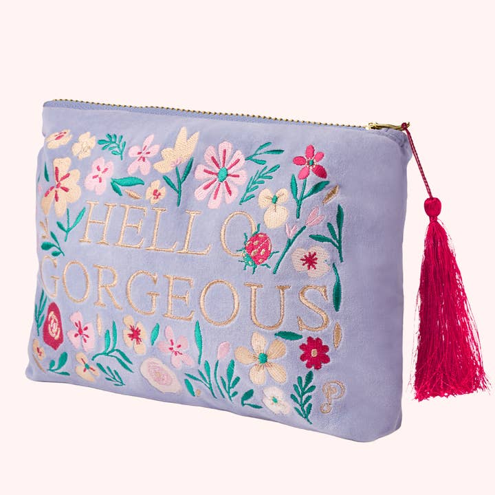 Velvet Embroidered Zip Pouch - Hello Gorgeous - Freshie & Zero Studio Shop