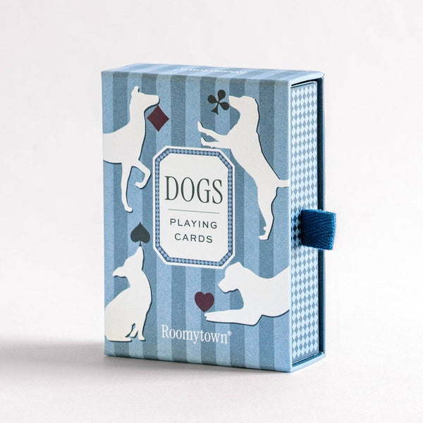 Illustration of playful dogs on Roomytown's illustrated dogs playing cards for fun card game entertainment.