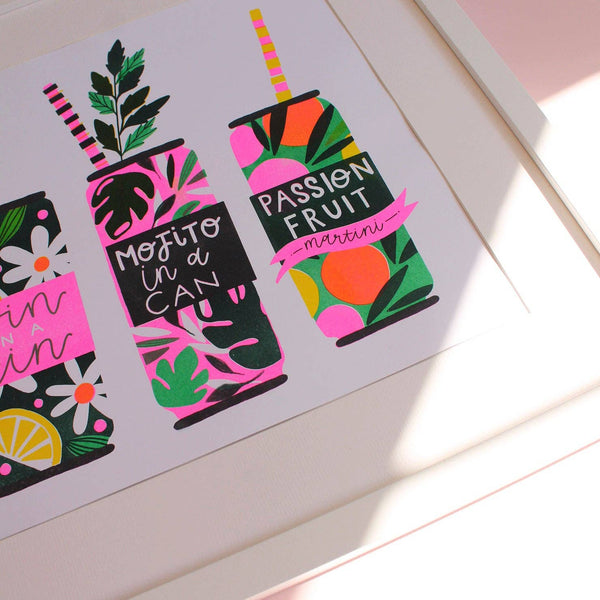 Risograph print poster of cocktail tins by Lucy Hook Designs, featuring vibrant, artistic visual artwork for home decor.