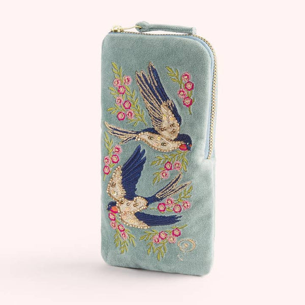 Velvet Embroidered Eyeglass Case - Swooping Swallows - Freshie & Zero Studio Shop
