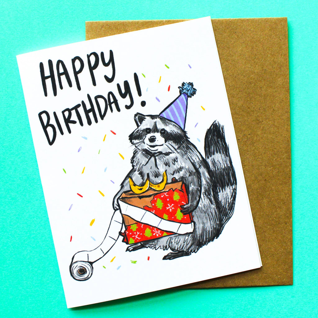 Raccoon Present Birthday Card - Freshie & Zero Studio Shop