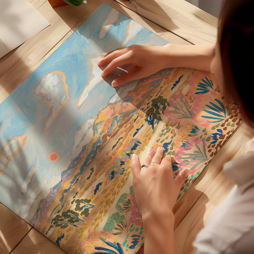 Pastel desert landscape art print by El Baker Art, 8x10 poster featuring soft colors and scenic desert scene.