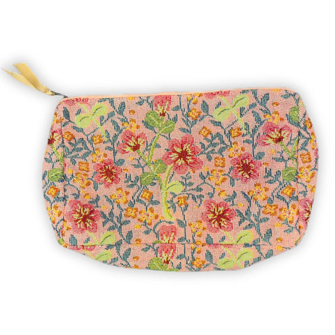 Large metallic pink floral fabric makeup bag by Saint Austin Company with spacious interior and stylish design.