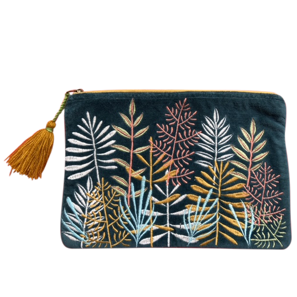 Velvet Leaf Garden Teal Embroidered Cotton Pouch - Freshie & Zero Studio Shop