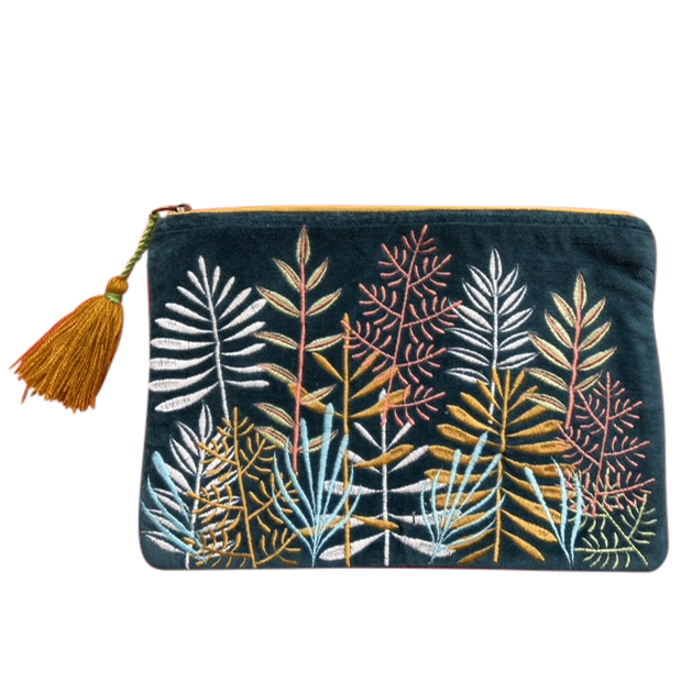 Velvet Leaf Garden Teal Embroidered Cotton Pouch - Freshie & Zero Studio Shop