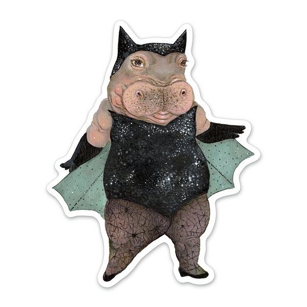 A die-cut sticker featuring a cartoon hippopotamus dressed as a bat, with a black glittery bodysuit, black bat wings, and greenish-gray wings, shown on a plain white background.