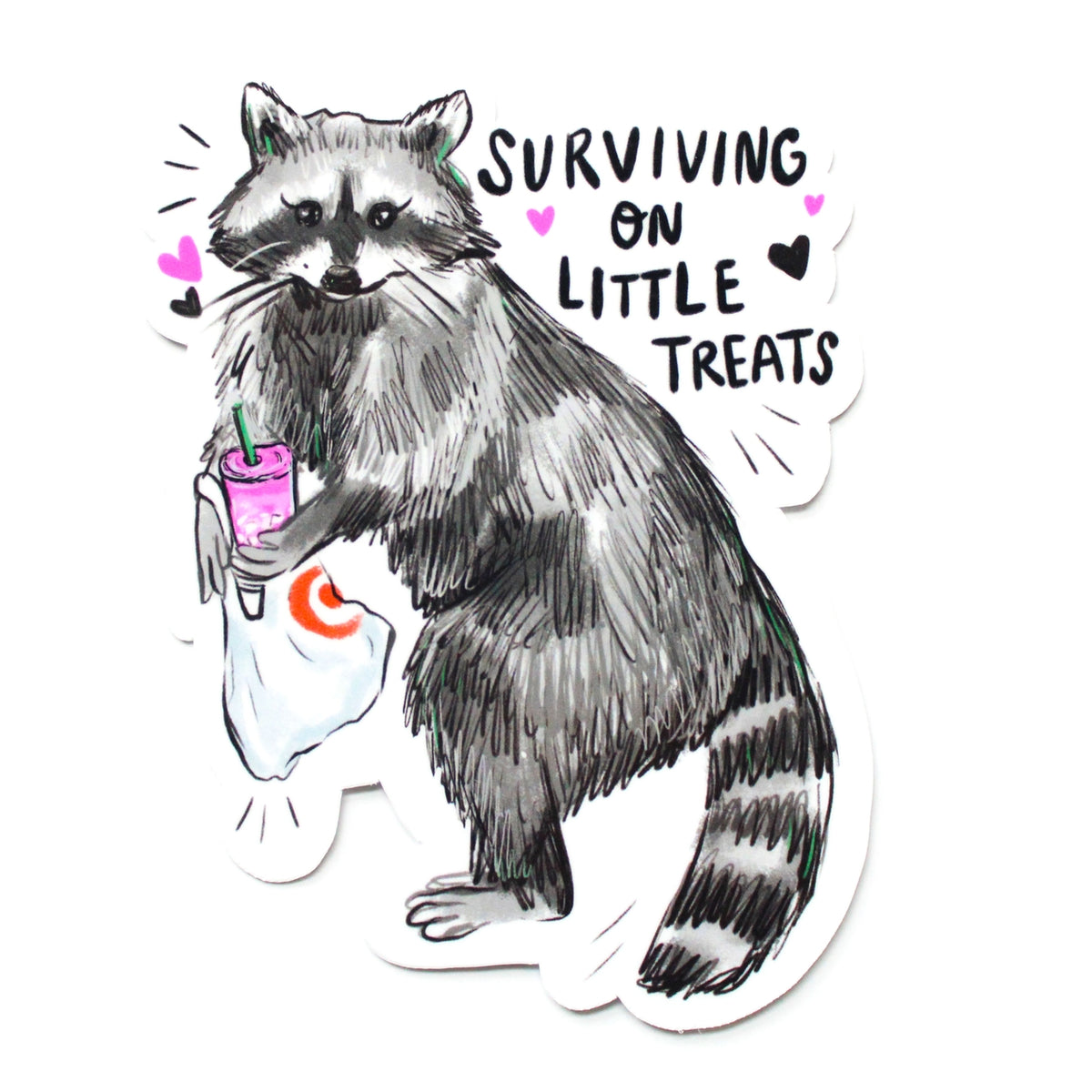 Surviving on Little Treats Raccoon Vinyl Sticker– Freshie & Zero
