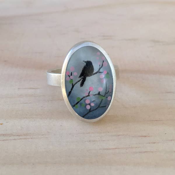 Cherry Blossom Bird Sterling Silver Hand Painted Ring by Fernworks - Freshie & Zero Studio Shop