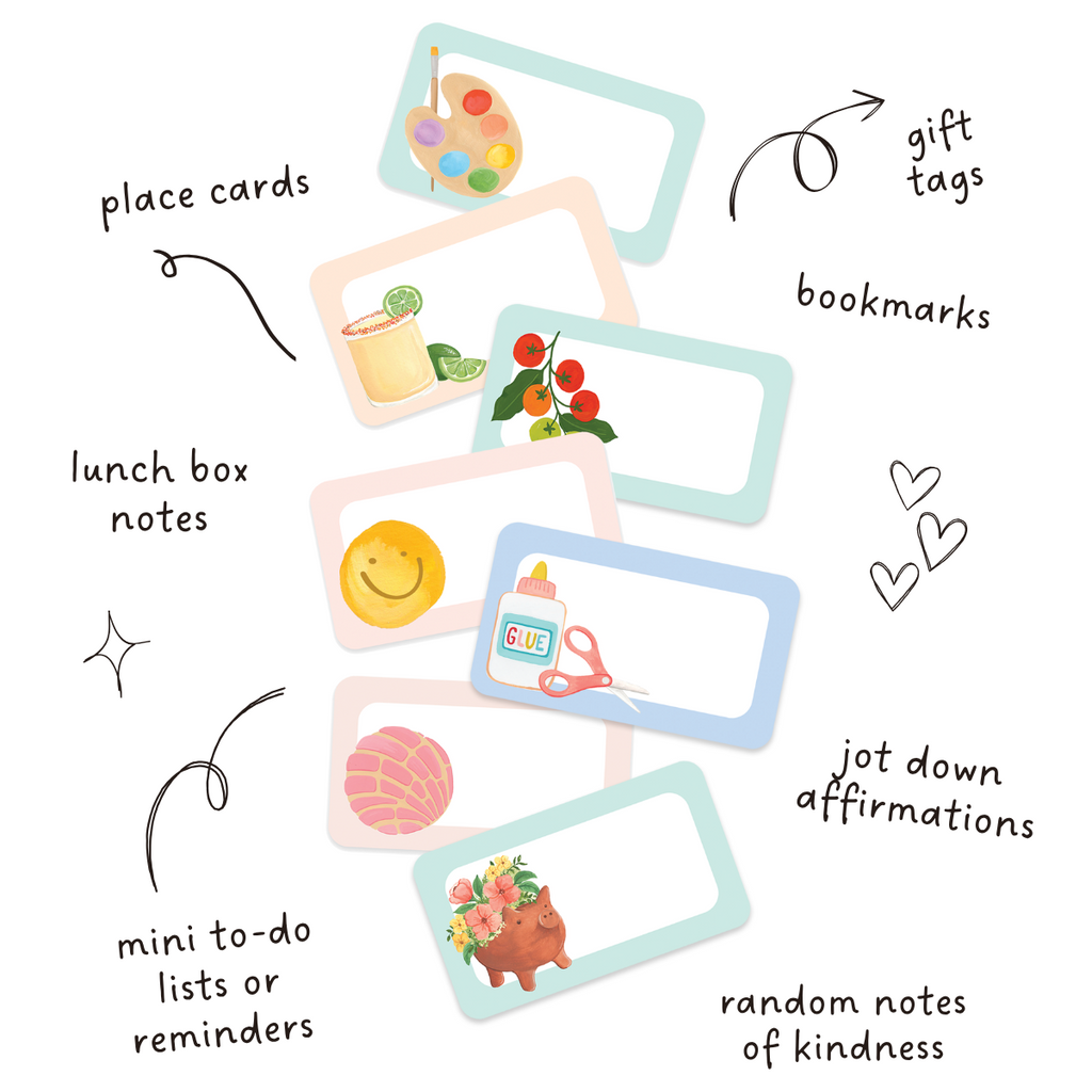 A hand-drawn illustrated graphic with the text 'so many uses' at the top and several pastel note cards arranged below, labeled for uses such as place cards, gift tags, bookmarks, lunch box notes, mini to-do lists or reminders, jot down affirmations, and random notes of kindness.