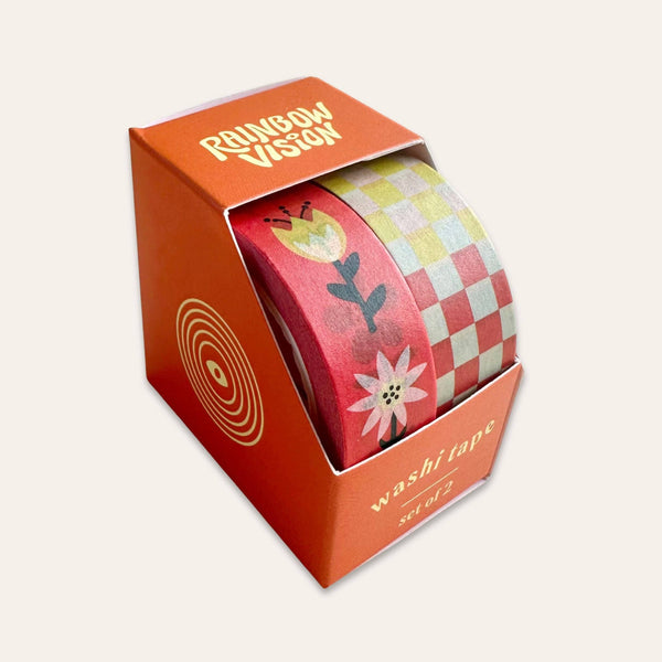 Set of 2 Folk Flowers and Checkers Washi Tape rolls by Rainbow Vision LLC, featuring decorative floral and checker patterns.
