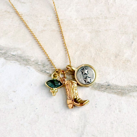 One of a Kind necklace by Freshie & Zero featuring star and boot charms, handmade jewelry with unique design.