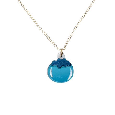 Dainty blue blueberry charm necklace by Elise Design Company, featuring a delicate chain and detailed blueberry pendant.