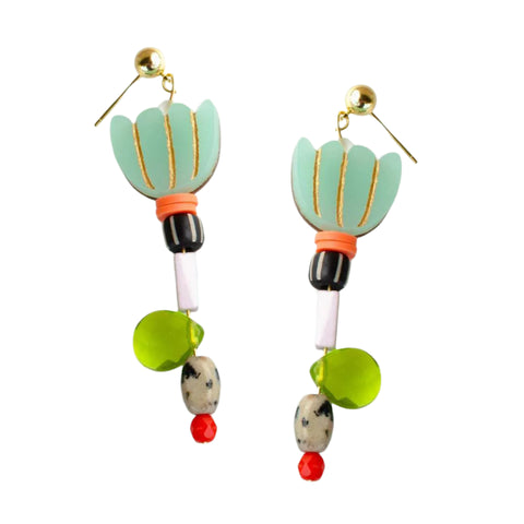 Colorful acrylic aqua flower earrings by Jill Makes featuring vibrant blue floral design and lightweight, stylish dangle earrings.