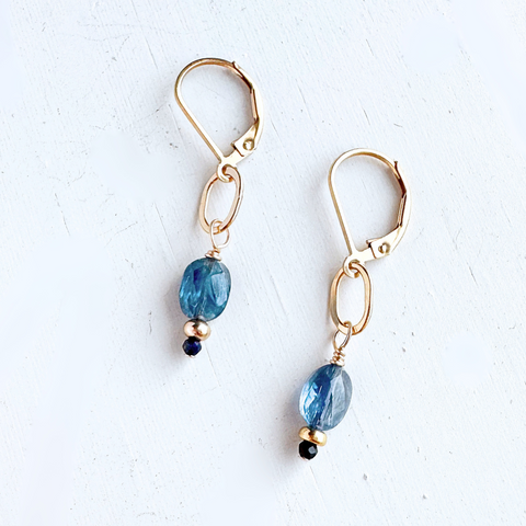 Blue sea gemstone gold drop earrings by Freshie & Zero featuring elegant gemstone beads and delicate gold hooks.
