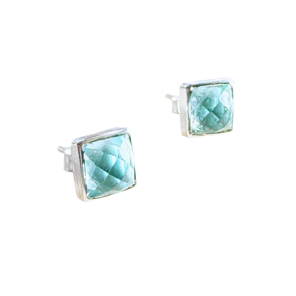 Square Sterling Silver Stone Stud Earrings: Blue Topaz - Freshie & Zero Studio Shop
