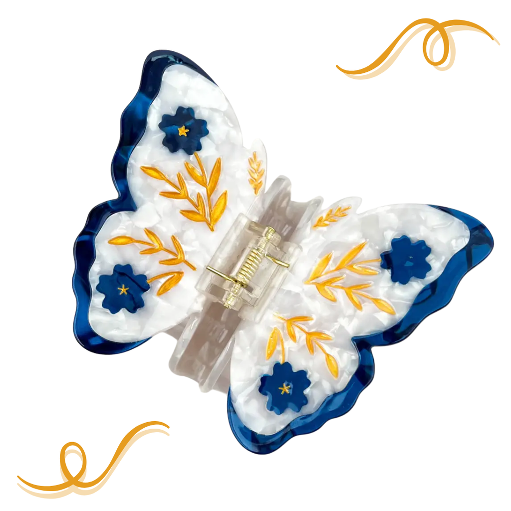 Acetate Butterfly Hair Claw, Floral Design: Blue - Freshie & Zero Studio Shop