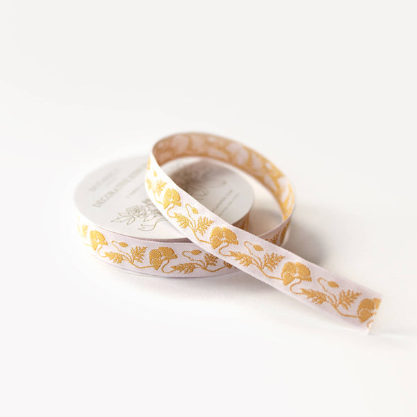 Gold Poppy embroidered ribbon from Botanica Paper Co., 0.75 inches wide, 5 yards, perfect for gift wrapping and decorative accents.