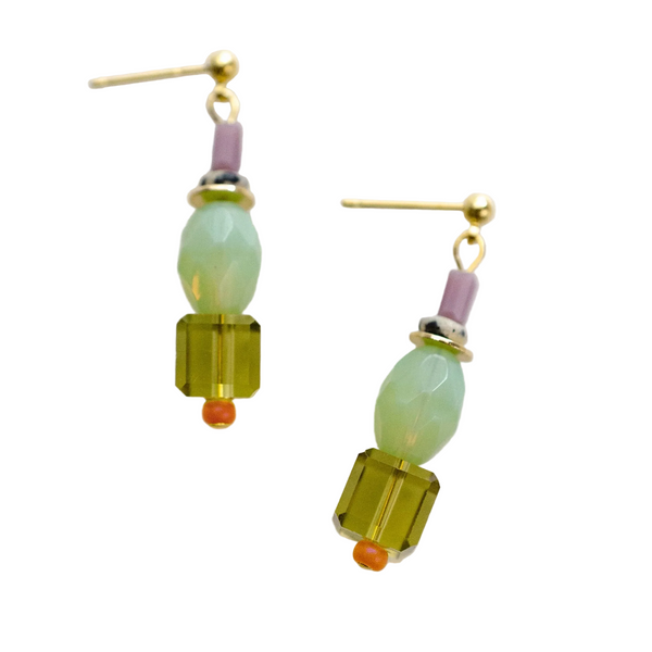 Green and purple beaded dangle earrings by Jill Makes featuring intricate beadwork and hanging design.