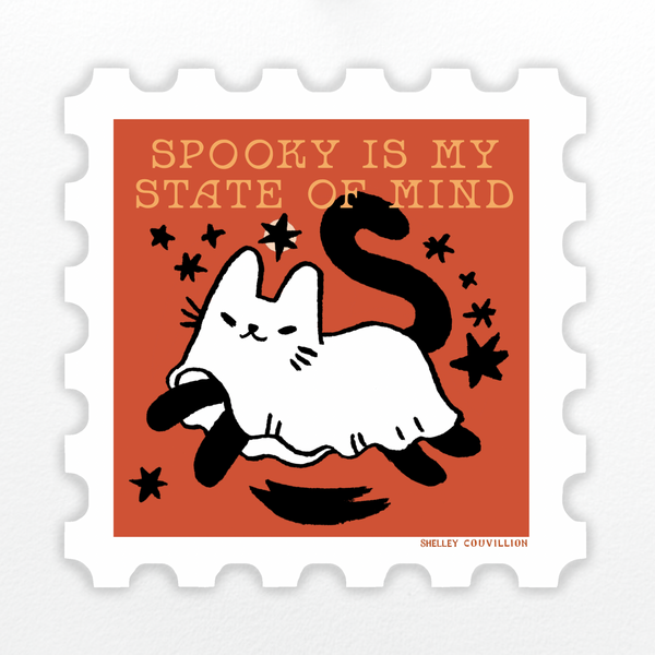 Spooky is My State of Mind ghost cat sticker by Shelley Couvillion featuring a cute ghost cat design on a clear background.