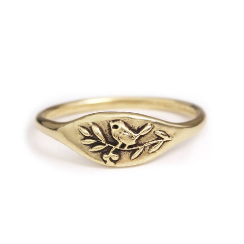 Handmade Bird in Branch Signet Ring by Marmalade Jewellery showcasing detailed bird and branch design in sterling silver.
