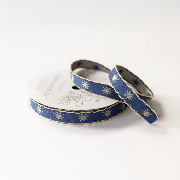 Blue embroidered ribbon with gold star patterns, 0.5 inches wide, 5 yards long, ideal for gift wrapping.