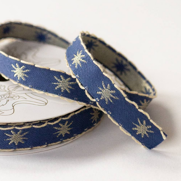 Gold stars embroidered on blue ribbon, 0.5 inches wide, 5 yards long, ideal for gift wrapping by Botanica Paper Co.
