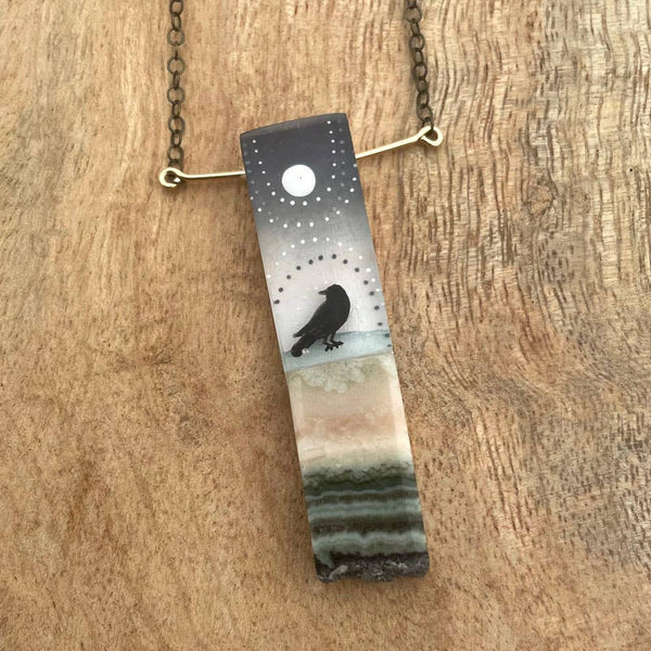 Crow and Moon, Hand Painted Pendant Necklace by Fernworks - Freshie & Zero Studio Shop