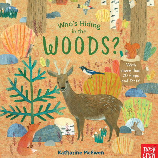 Cover of "Who's Hiding in the Woods?" book by Penguin Random House LLC, featuring woodland animals and a forest scene.