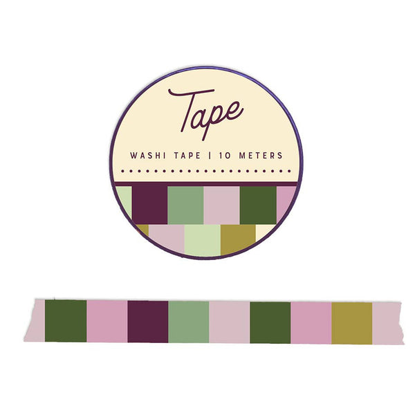 Green and purple washi tape by Ruff House Print Shop featuring geometric block patterns on paper tape.