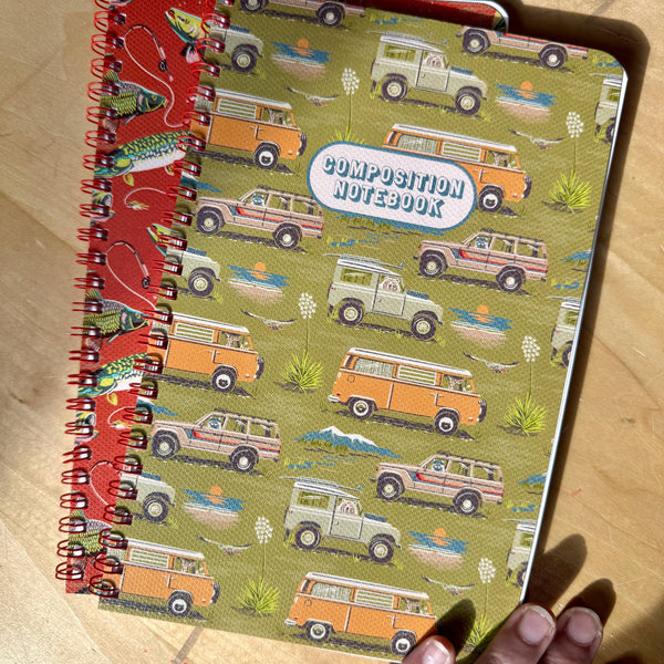 Caroline Clark Camping Trucks Pattern Notebook with colorful truck illustrations on the cover