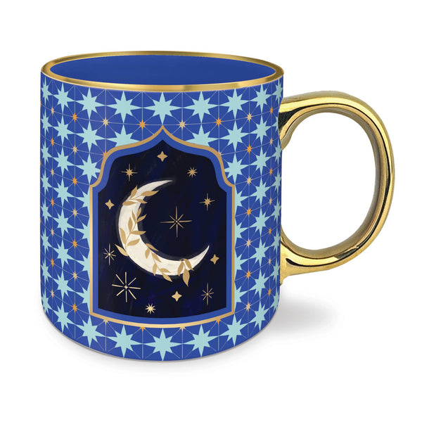 Punch Studio Starlit Moon ceramic mug with a celestial moon design, white background, and glossy finish.