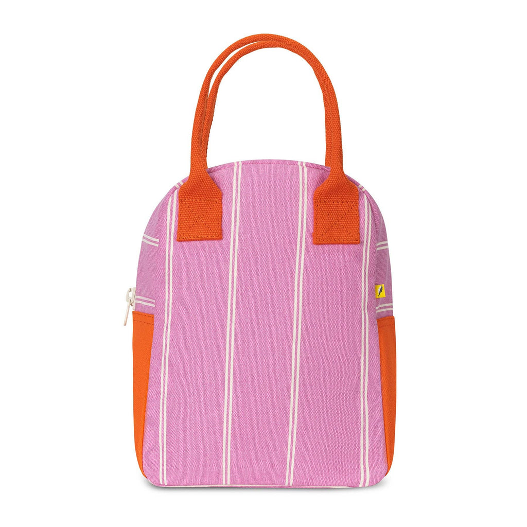 Pink striped Fluf lunch bag for kids, made of durable fabric, featuring a zipper closure and insulated interior.