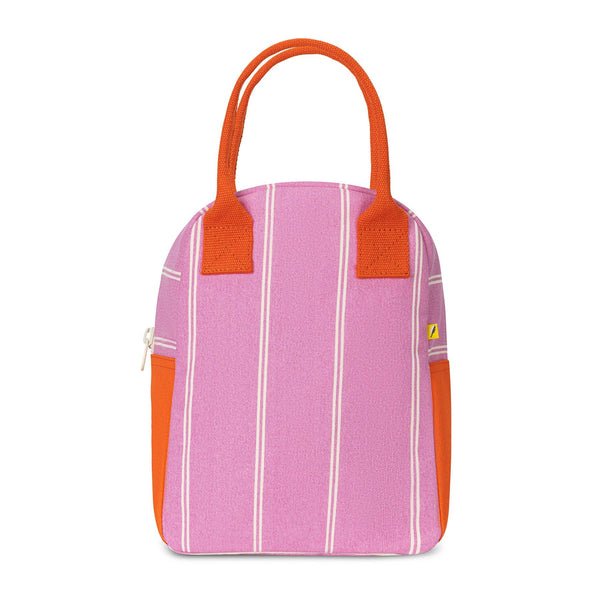 Pink striped Fluf lunch bag for kids, made of durable fabric, featuring a zipper closure and insulated interior.
