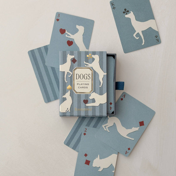 Illustration of playful dogs on Roomytown's illustrated dog-themed playing cards, featuring colorful and whimsical game design.