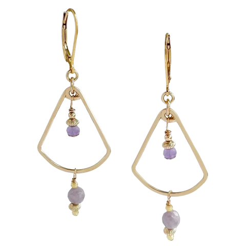 Golden fan earrings in lilac and yellow by Freshie & Zero, featuring intricate fan-shaped design with vibrant colors.