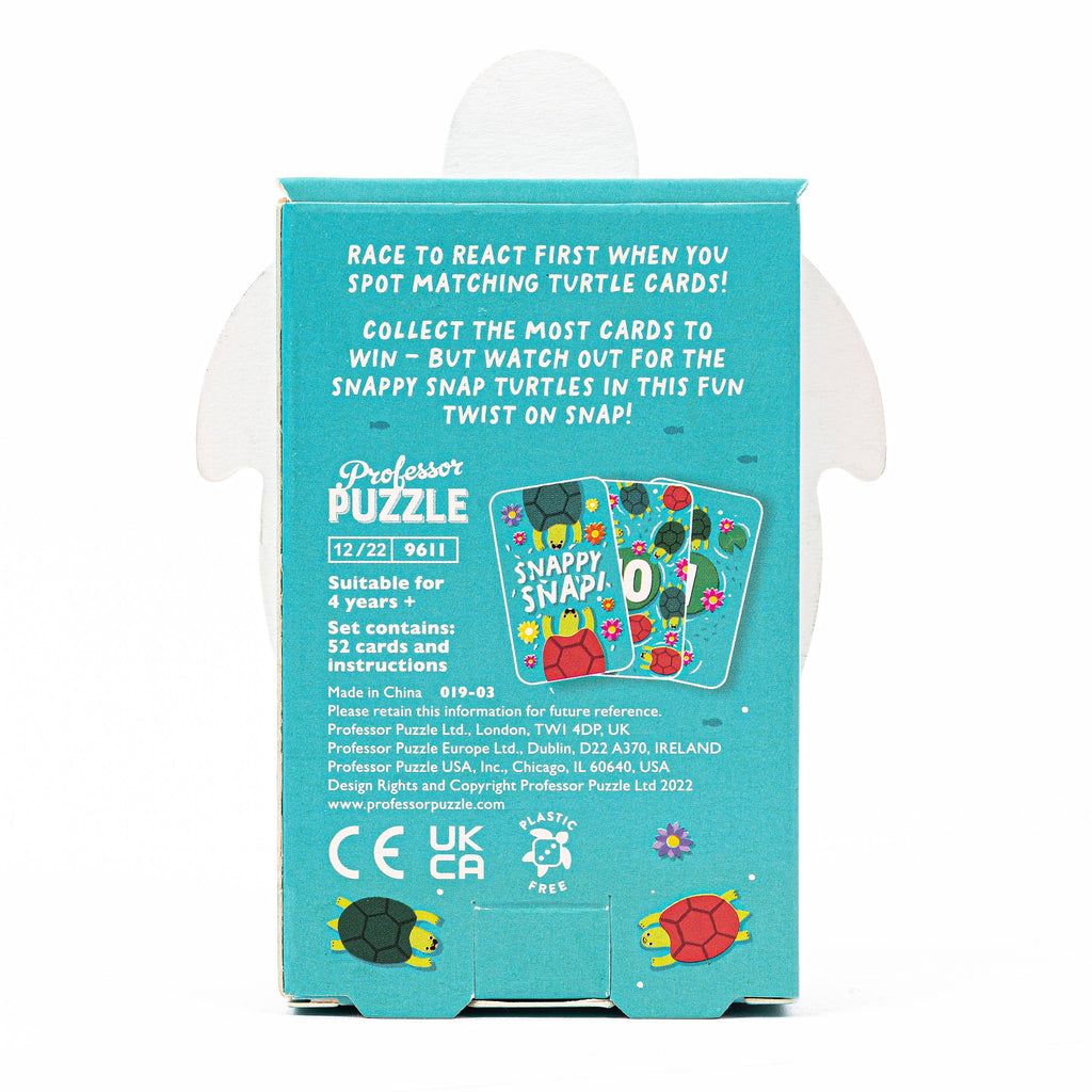 Snapping Turtles card game by Professor Puzzle USA, Inc., featuring colorful turtle-themed playing cards on a wooden surface.