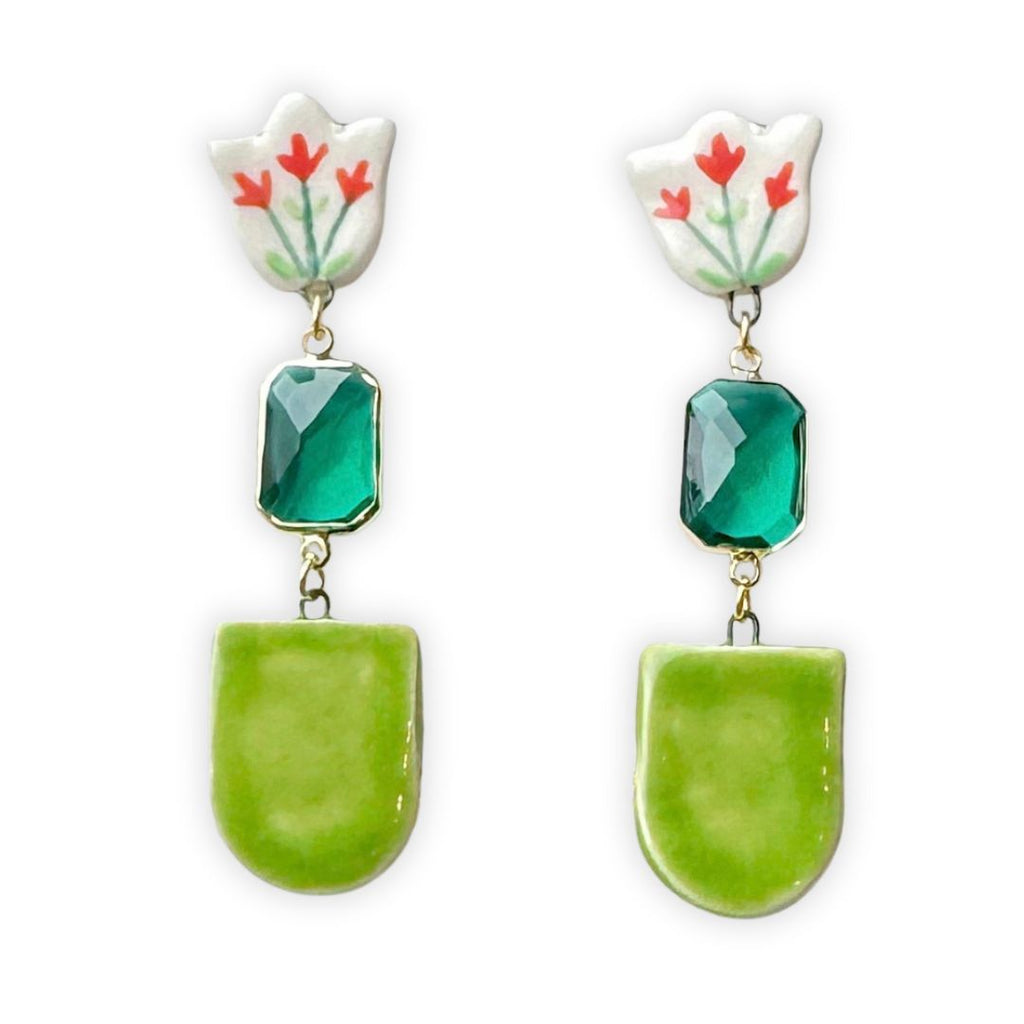 Tulip Porcelain + Green Glass Handmade Statement Earrings - Freshie & Zero Studio Shop