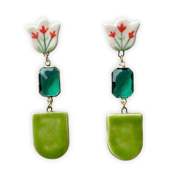 Tulip Porcelain + Green Glass Handmade Statement Earrings - Freshie & Zero Studio Shop