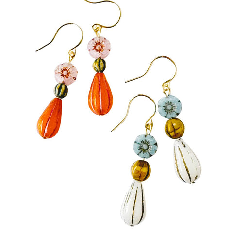 Striped teardrop and daisy glass beaded earrings by Nest Pretty Things featuring colorful Czech glass beads and intricate beadwork.