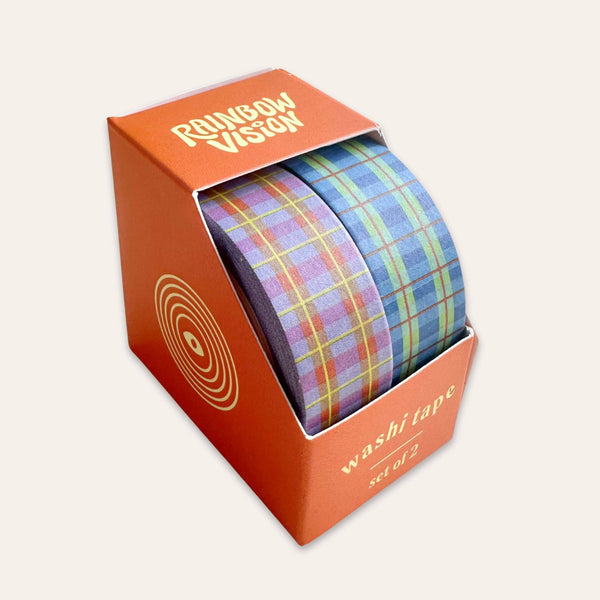 Set of two Rainbow Vision LLC Blue and Lavender plaid washi tapes with colorful patterns, ideal for crafts and decorating projects.