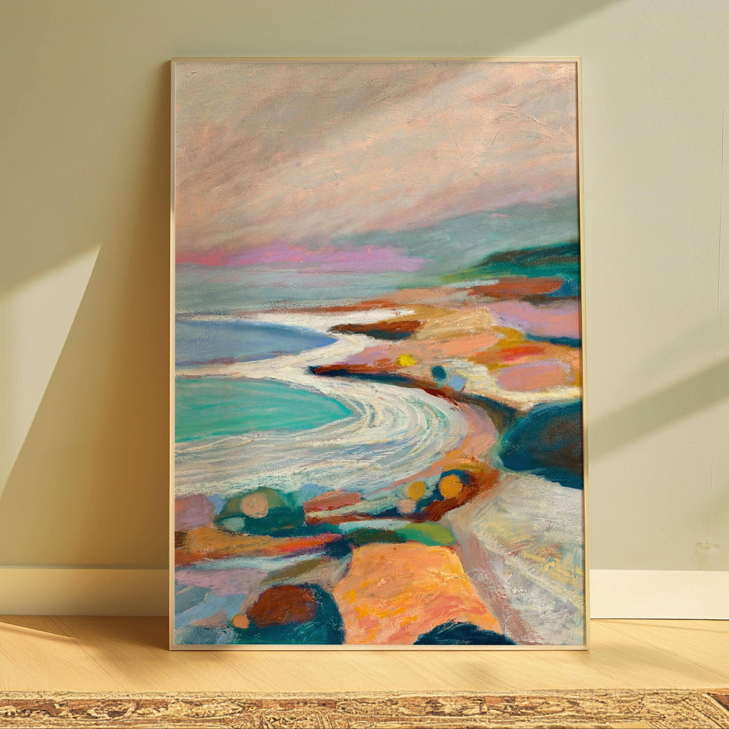 Santa Barbara coastline oil pastel art print by El Baker Art, featuring vibrant seaside scene on 11x14 poster.