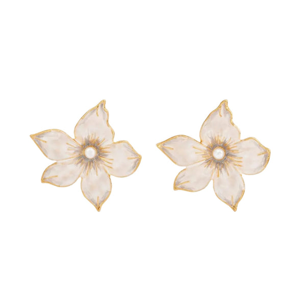 Vintage-style enamel oversized stud earrings by Fable England featuring intricate jasmine pearl design on silver-toned metal.