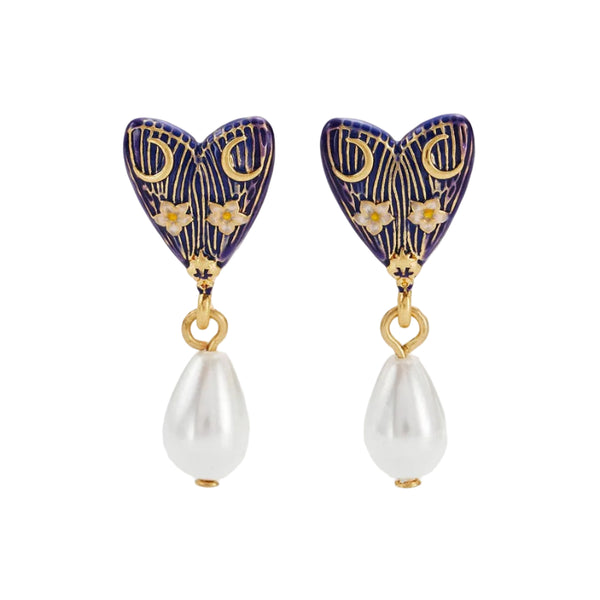 Jasmine Moon Butterfly vintage-style enamel pearl earrings by Fable England, featuring delicate butterfly and pearl design.