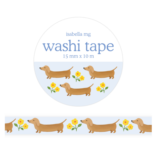 Close-up of Weenie Dogs Dachshund Washi Tape by Isabella MG featuring adorable dachshund illustrations on decorative tape.