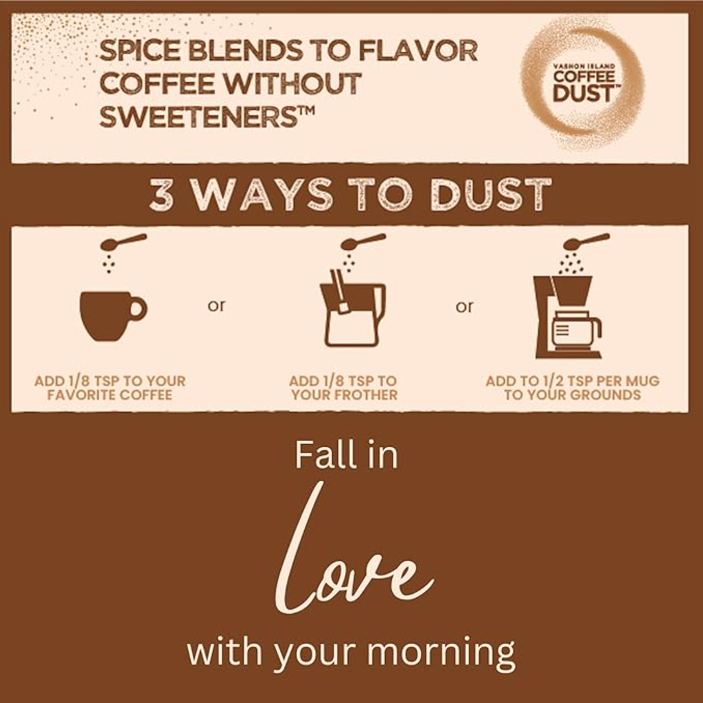 Vashon Island Coffee Dust sampler kit with six tins and a spoon for gourmet coffee toppings