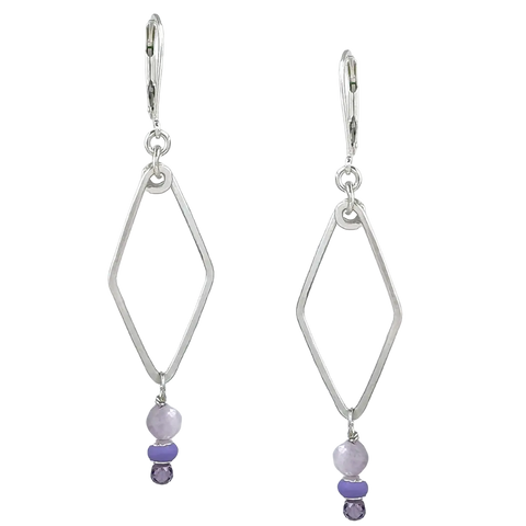 Silver Mirage earrings by Freshie & Zero featuring lilac-colored dangling earrings with a sleek, modern design.