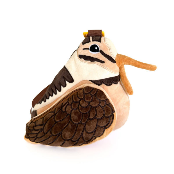 American Woodcock plush crossbody bag by Allison Stoiser Art featuring a soft woodencock design and a cozy, artistic tote style.